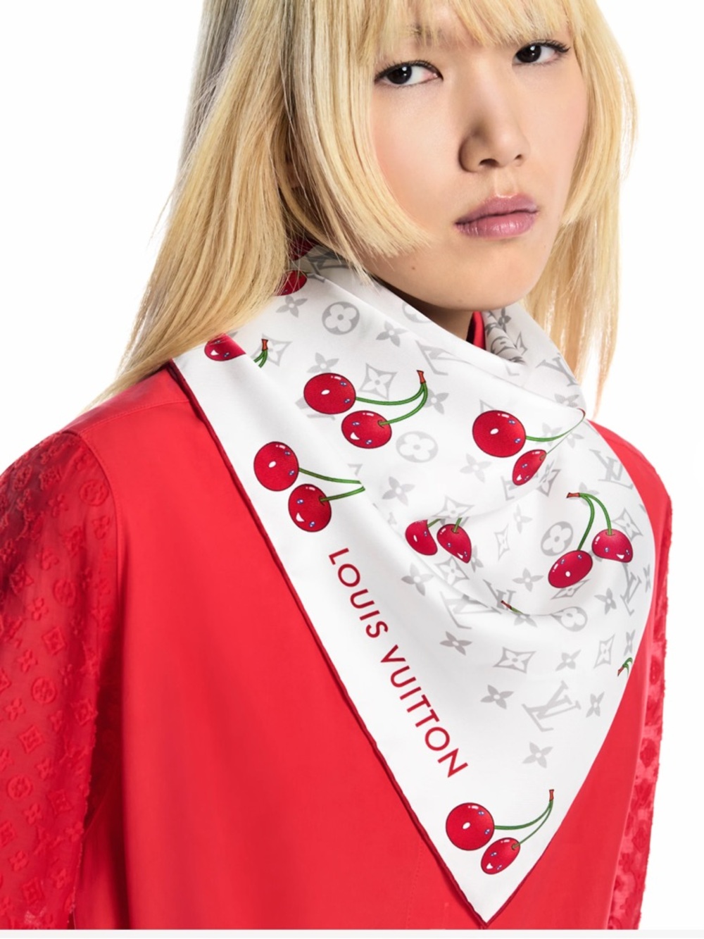 Louis Vuitton Murakami White Silk Cherry Print Bandana Scarf